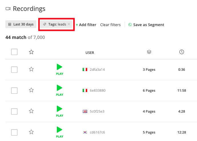 Screenshot of Hotjar recordings filtered for leads