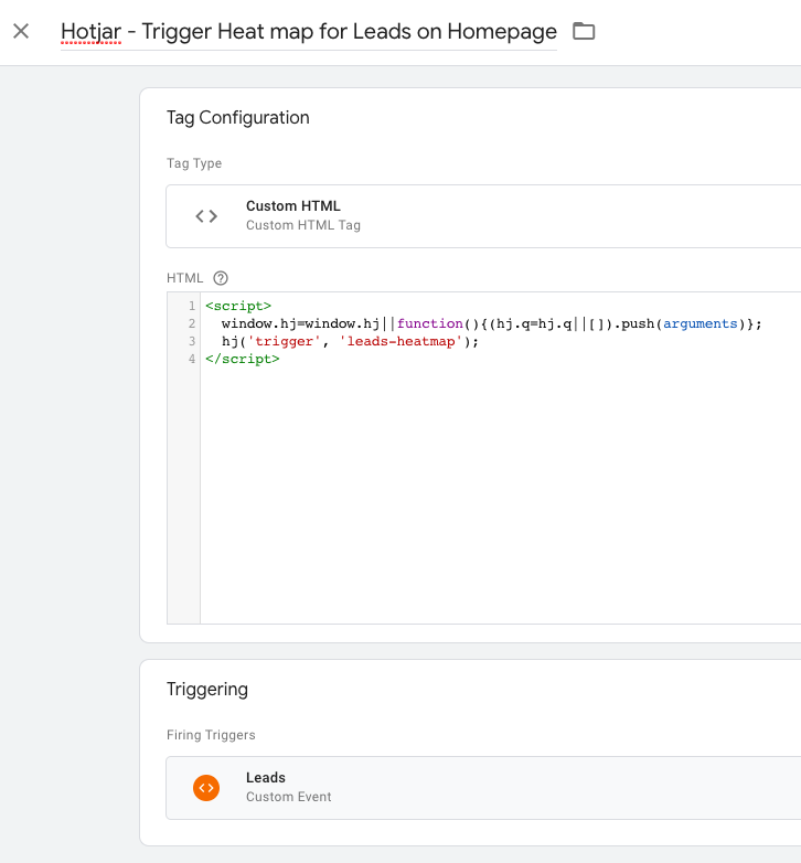 Screenshot of a Custom HTML Tag in Google Tag Manager
