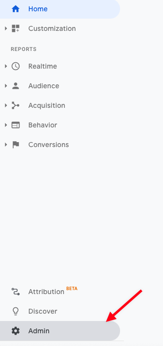 Screenshot of 'Admin' option in Google Analytics