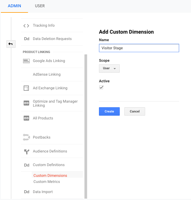 Screenshot of creating a new Custom Dimension in Google Analytics